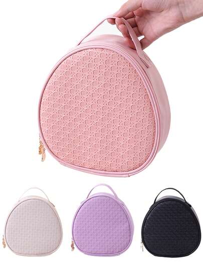 1个PU椭圆形纯色化妆包，功能性旅行防水收纳袋，带化妆刷隔层