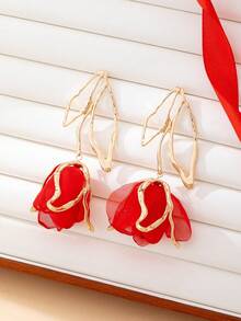 Pendientes de mujer de moda, pendientes grandes exagerados con flores de rosa de estilo bohemio, regalo de joyería para el Día de San Valentín - Rojo - Ver 3