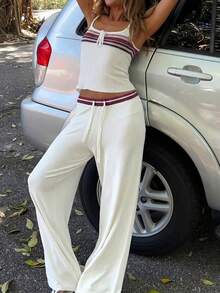 女士休闲简约蝴蝶结前襟无袖条纹针织上衣和抽绳腰松紧腰针织裤两件套，春夏款 - 紅色 - 查看 6