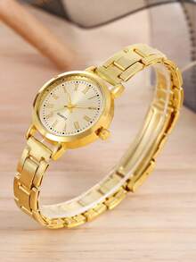 Bộ đồng hồ thạch anh nhỏ gọn mạ vàng khắc họa tiết thời trang kèm vòng tay, dây chuyền, nhẫn và bông tai hình giọt nước bằng vàng dành cho thanh thiếu niên, vỏ và dây đeo bằng thép không gỉ, vỏ tròn bằng hợp kim, phù hợp cho sử dụng hàng ngày, dự tiệc, phụ kiện đa năng, dây đeo đồng hồ có thể điều chỉnh. - Vàng - Xem 5