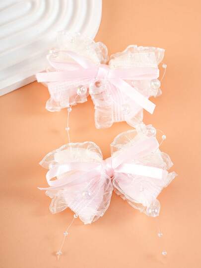 2pcs Girls Lace Ruffle Bow Hair Clips, Fashion Hair Accessories Suitable For Daily Or Party Use