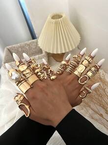 20/15/10/3pcs Vintage Elegant Casual Bohemian Style Women Metal Rings Set, Includes Baroque Asymmetric Ruffle Asymmetric Pearl Hollow Heart Geometric Water Drop Multi-Element Combination Metal Rings Suitable For Women's Daily, Party, Wedding, Holiday, Valentine's Day, Date Wear, Gift (Random Delivery) - Gold - View 5