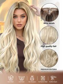 26英寸渐变金色波浪卷蕾丝前假发，耐热合成纤维，适合女性日常佩戴、角色扮演、派对等场合，自然逼真，透气帽设计，长款铂金色波浪假发 - 漸變金色 - 查看 5