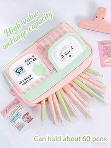 Hộp bút nhiều ngăn hình mèo dễ thương - Túi đựng văn phòng phẩm Kawaii dung tích lớn dành cho học sinh - kẻ sọc phối màu - Xem 5