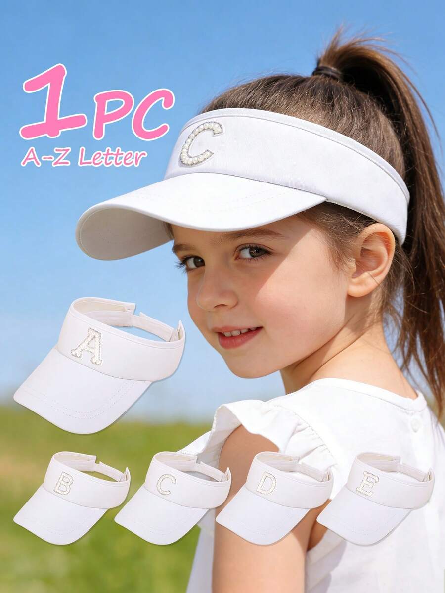 1pc Adjustable Kids' Breathable Sun Hat, A-Z Letter Options, Ponytail Hole Design, Suitable For Outdoor Activities & Daily Wear, UV Protection - White Pearls - View 1