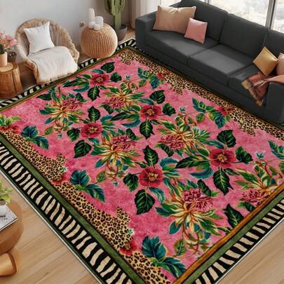 1PC  Floral Pink Leopard Border Pattern 5x7 Washable Area Rugs For Living Room Bedroom, Velvet Material Low-Pile Carpet Suitable For Indoor Outdoor High Traffic Areas,  Modern Style Holiday Print Mat