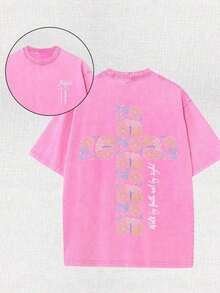Camisetas nuevas de moda para hombres de primavera y verano, 230 gramos de algodón, camiseta de alta calidad con estampado batik de doble cara, cuello redondo y mangas cortas, "Caminar con confianza, no mirar. "Jesús, Dios, Creencia Religiosa, Cruz "Camisetas de Hombre, Deportes al Aire Libre, Ocio Urbano" - Rosa - Ver 6