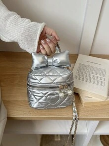 New Bowknot Mini Rhombus Heart Embroidery Lipstick Box Bag, Chain Shoulder Crossbody Bag - Silver - View 5