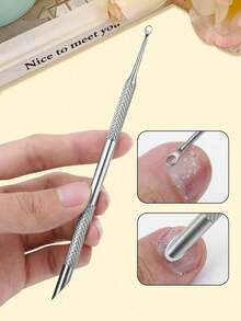 1-4件套美甲工具套装，双头指甲推和角质去除器，指甲抛光块，圆形和斜角角质推，美甲配件 - 銀色 - 查看 1