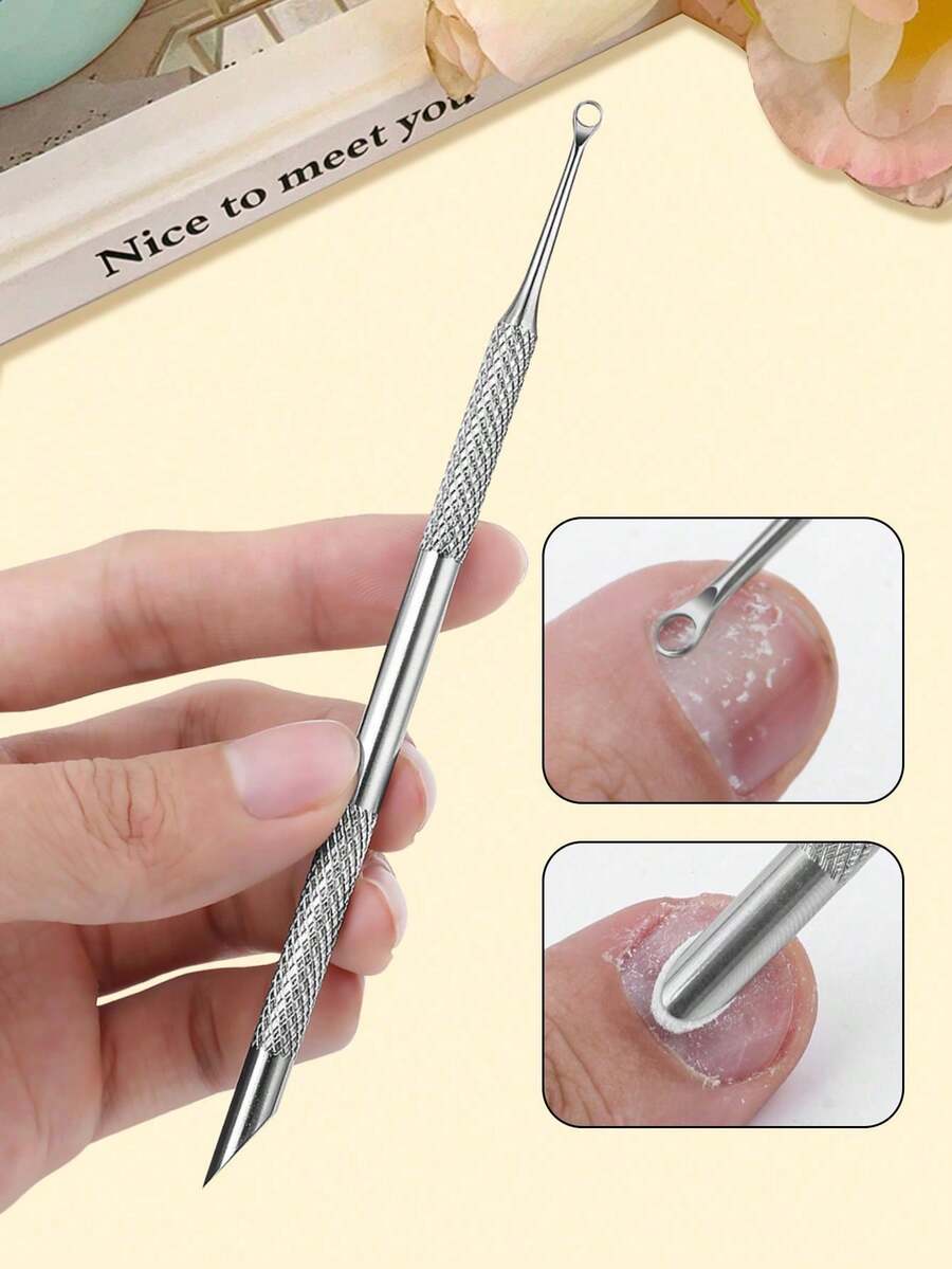 1-4件套美甲工具套装,双头指甲推和角质去除器,指甲抛光块,圆形和斜角角质推,美甲配件 - 銀色 - 查看 1