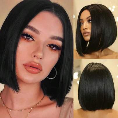 PQL 13x4 蕾丝前直发混纺真人发假发，女士款，预先拔毛，Remy真人发，无胶假发，巴西高清透明蕾丝前假发，无胶真人发混纺假发，200%密度，长款真人发蕾丝假发，自然黑色