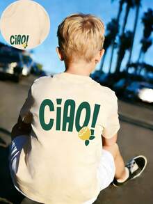 Tween Boy "CIAO" & Lemon Cartoon Print T-Shirt, Soft And Comfortable Fabric, Suitable For Boys To Wear For Travel, Vacation, Outdoor Sports, Daily Wear, Casual Travel, Best Choice! Fashionable Tween Boys' Spring/Summer Casual Versatile Top - Apricot - View 1