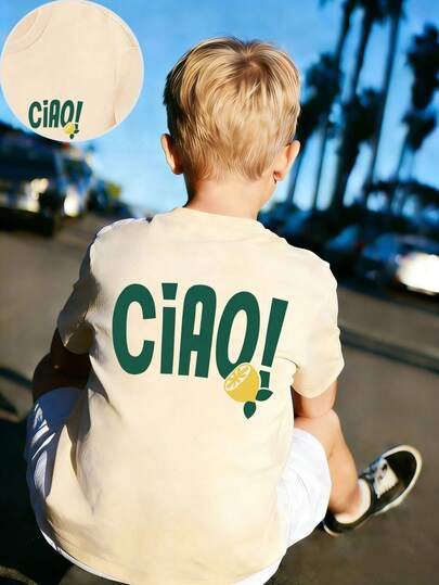 Tween Boy "CIAO" & Lemon Cartoon Print T-Shirt, Soft And Comfortable Fabric, Suitable For Boys To Wear For Travel, Vacation, Outdoor Sports, Daily Wear, Casual Travel, Best Choice! Fashionable Tween Boys' Spring/Summer Casual Versatile Top