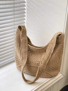 1件简约纯色天然棉手工钩编新月形包，祖母拼布设计，肩背/腋下两用，拉链封口，波西米亚风，编织手提包，海滩度假，法式休闲时尚，编织腋下包，春夏度假，复古艺术风，通勤外出 - 卡其色 - 查看 9