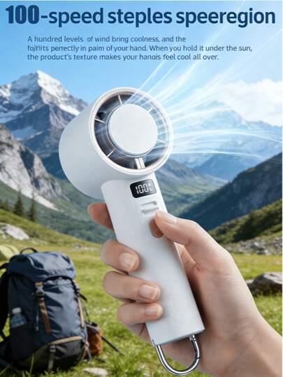 1个100档变速手持迷你风扇，100级高速小风扇，便携式可充电空调冷却风扇。采用Type-C快充和2000mAh大容量电池，续航时间更长，动力更强劲。LED可视化电池电量和风速显示。高速无刷电机，转速高达12000rpm，涡轮叶片带来强劲气流。适用于户外活动和旅行，户外、花园、旅行必备品、便携必备品、海滩必备品、毕业季、毕业典礼、毕业典礼、毕业礼物、毕业礼物、祝贺毕业、毕业典礼、优秀毕业生、毕业派对、户外必备品、旅行便携、徒步旅行必备品、露营必备品、便携工具、夏季必备品、夏季便携品。