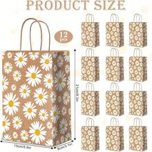 Gift For Her/Him 12pcs Daisy Flower Kraft Paper Gift Bags With Handles - Brown Floral Design For Spring Parties, Weddings, Birthdays & Shopping Events - View 3