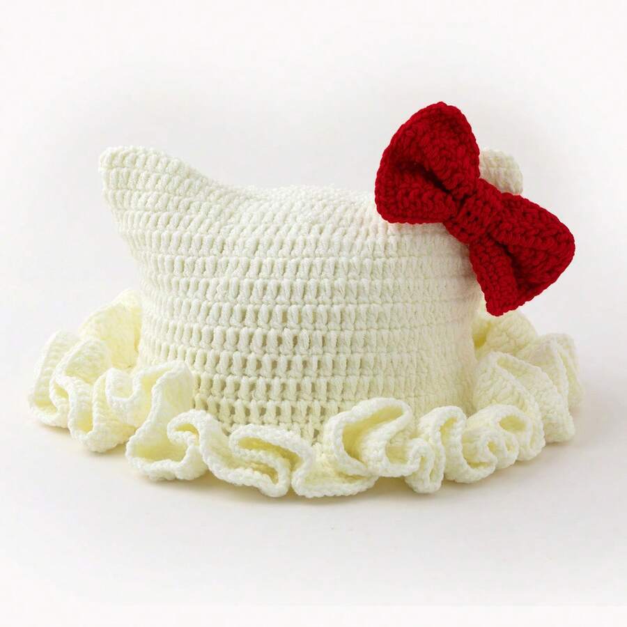 Women's Cat Ear Ruffle Edge Knit Bucket Hat Handmade Crochet Knit Beanie  Warm Cap - White - View 1