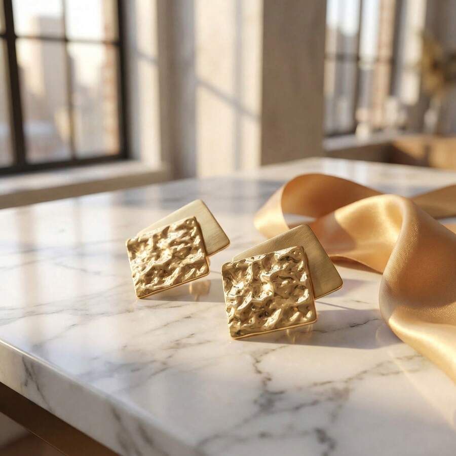 Women's Gold-Tone Square Double-Layer Earrings, Elegant Jewelry Suitable For Daily Wear, Parties Or Weddings, An Ideal Gift - Gold - View 1