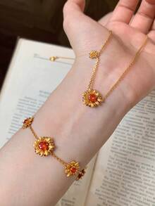 1pc Brushed Small Daisy Embellishment Orange Bracelet Layered Necklace Stud Earrings Accessories - Gold - View 3
