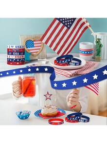 12/24 piezas Pulseras patrióticas del 4 de julio Bandera estadounidense roja, blanca y azul con estrellas Pulseras de silicona Pulseras de goma para el Día de la Independencia Regalos para fiestas - Día de la Independencia - Ver 5