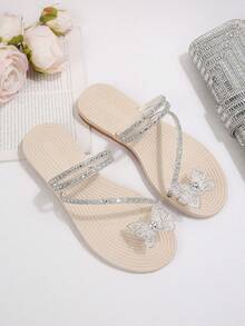 Summer New Rhinestone Strap Women's Flat Sandals, Slip-On Toe Comfortable Beach Style Sandals, Flip Flops - Silver - View 4