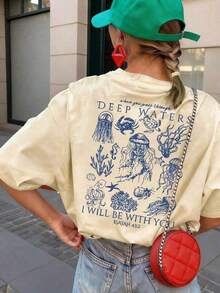 Cute Marine Life Print Women's Loose T-Shirt, Round Neck Short Sleeve Summer Top, Vintage Street Style Washed Cotton Graphic Tee For Vacation Daily - 杏色 - 查看 6