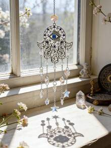 قلادة بنمط العين الزرقاء الشريرة مزينة بالنجوم، ديكور منزلي بطراز بوهيمي، ديكور روحاني للجدران والسيارات والحدائق، هدية حظ سعيد، بلون فضي مع خرز العين الزرقاء الشريرة، صانع قوس للنافذة، ديكور غرفة بطراز ساحر، اكسسوار للتأمل واليوغا، ديكور فنغ شوي، قلادة كريستال للطاقة الإيجابية، فن جداري بوهيمي، ديكور معلق للشرفة والنوم - متعدد الألوان - مشاهدة 5