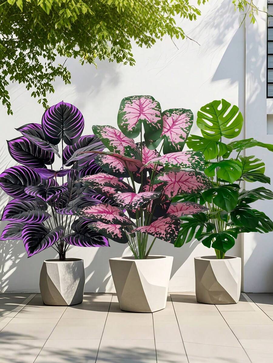热带植物套装 - 人造彩色芋叶/紫罗兰 - 适用于家居、办公室和花园装饰 - 非常适合婚礼、周年纪念日和节日 - 室内外均可使用(不含花盆) - 多用途,可用于房间、家居、厨房和婚礼装饰 - 彩色 - 查看 1