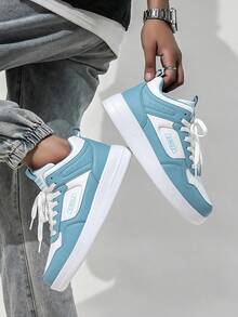 Zapatillas deportivas de cuero de color block de estilo casual y versátil, cómodas para actividades al aire libre - luna blanca - Ver 5