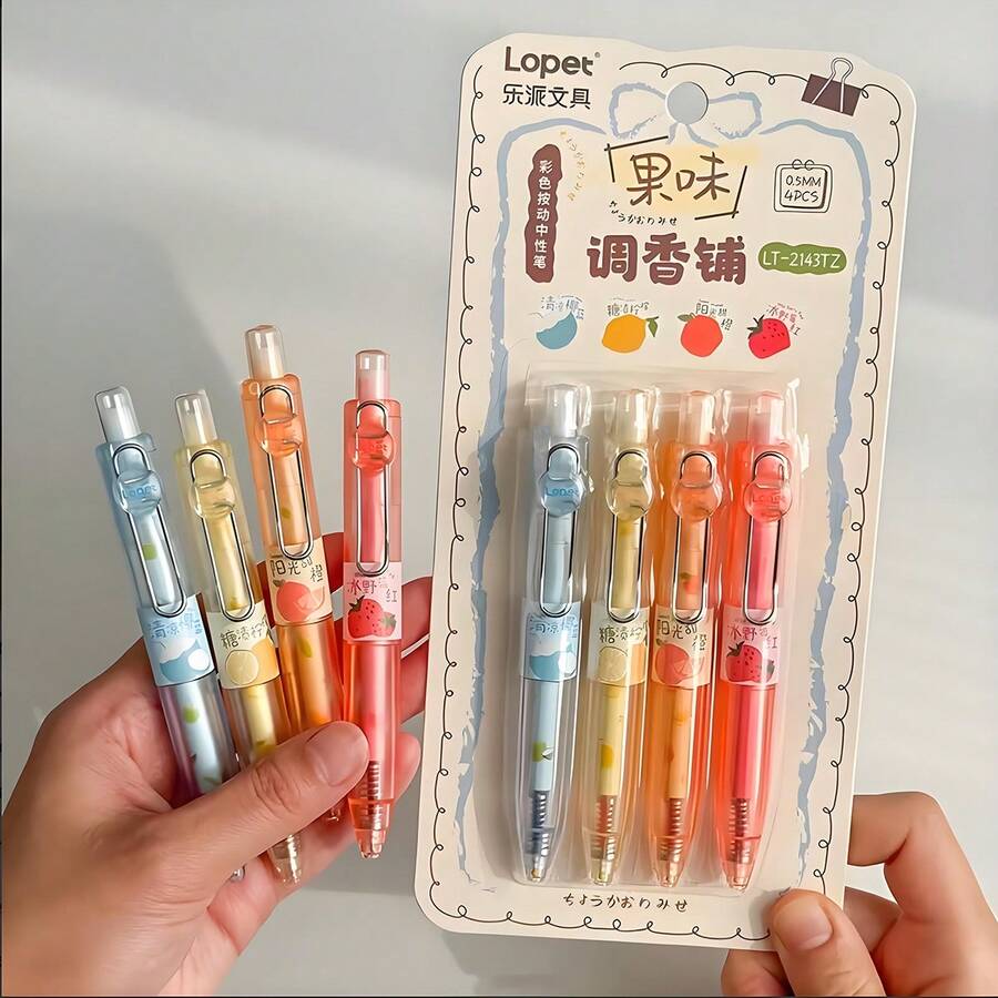 Bộ 4 bút bi mực gel hương trái cây thú vị, ngòi 0.5mm, mực khô nhanh, thiết kế tối giản trong suốt, viết trơn tru, thích hợp nhất cho việc viết nhật ký, vẽ, văn phòng phẩm và học tập.
