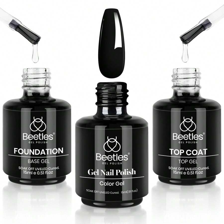 Beetles Top Coat Base Gel & Nail Glue Set-3Pcs No Wipe Top Coat Gel Nail Polish & Base Coat With 9 In 1 Nail Glue Shine Effect Long Lasting Soak Off Uv Light Lamp Diy Nail Gifts For Women & Girls - 3PCS 15ML top base coat & black gel - 查看 1
