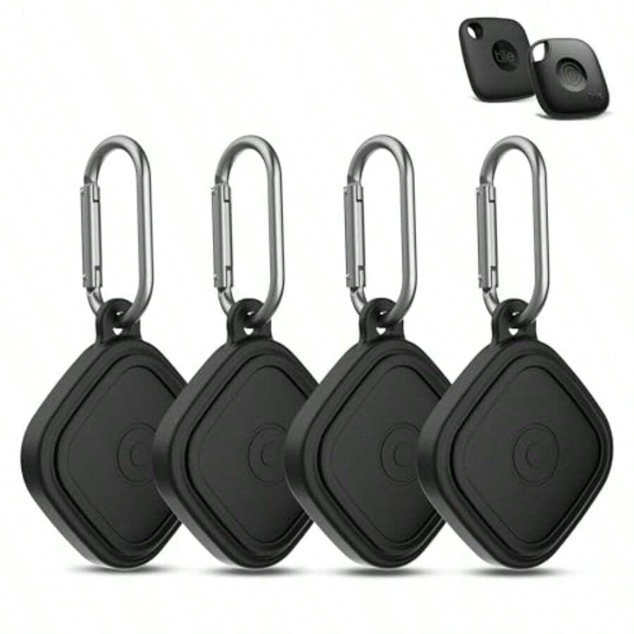 Paquete de 4 compatibles con Tile Mate Case 2024 funda protectora de silicona suave a prueba de golpes para Tile Life360 Mate Tracker antideslizante soporte Tlie Mate con llavero para llaves bolsa - Paquete de 4 negro - Ver 1