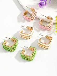 Khuyên tai vòng bằng dây xích vàng quấn sợi raffia, khuyên tai hình chữ C bện họa tiết, trang sức mùa hè đi biển dành cho nữ. - Nhiều màu - Xem 6