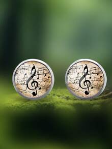 1 Pair Elegant Music Note Symbol Design 316 Stainless Steel Round Stud Earrings, Vintage Minimalist Style Suitable For Women's Daily Wear And Gift, Graceful Minimalist Jewelry Earrings Suitable For Women's Daily And Holiday Wear - Champagne - View 6