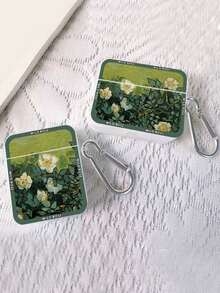 1pc Painted Green Leaf & Flower Square Earphone Case, Compatible With AirPods 3, Apple Bluetooth Earphones Pro/Pro2 - Multicolor - View 2