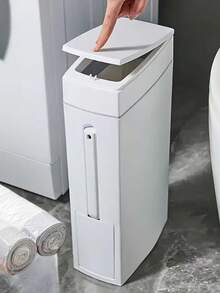 Papelera de baño delgada y ahorradora de espacio con tapa y soporte incorporado para el cepillo de inodoro, adecuada para espacios estrechos, para uso en el baño - Blanco - Ver 2