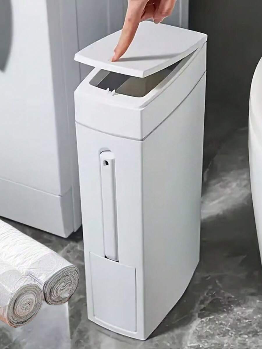Papelera de baño delgada y ahorradora de espacio con tapa y soporte incorporado para el cepillo de inodoro, adecuada para espacios estrechos, para uso en el baño
