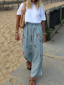 女士蓝色条纹刺绣直筒休闲度假优雅沙滩裤，适合外出、海滩、春季旅行 - 藍色 - 查看 5