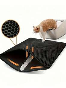 1 tấm lót khay vệ sinh cho mèo hai lớp, chống trượt, dùng để giữ cát vệ sinh cho thú cưng, chống thấm nước. - màu đen - Xem 2