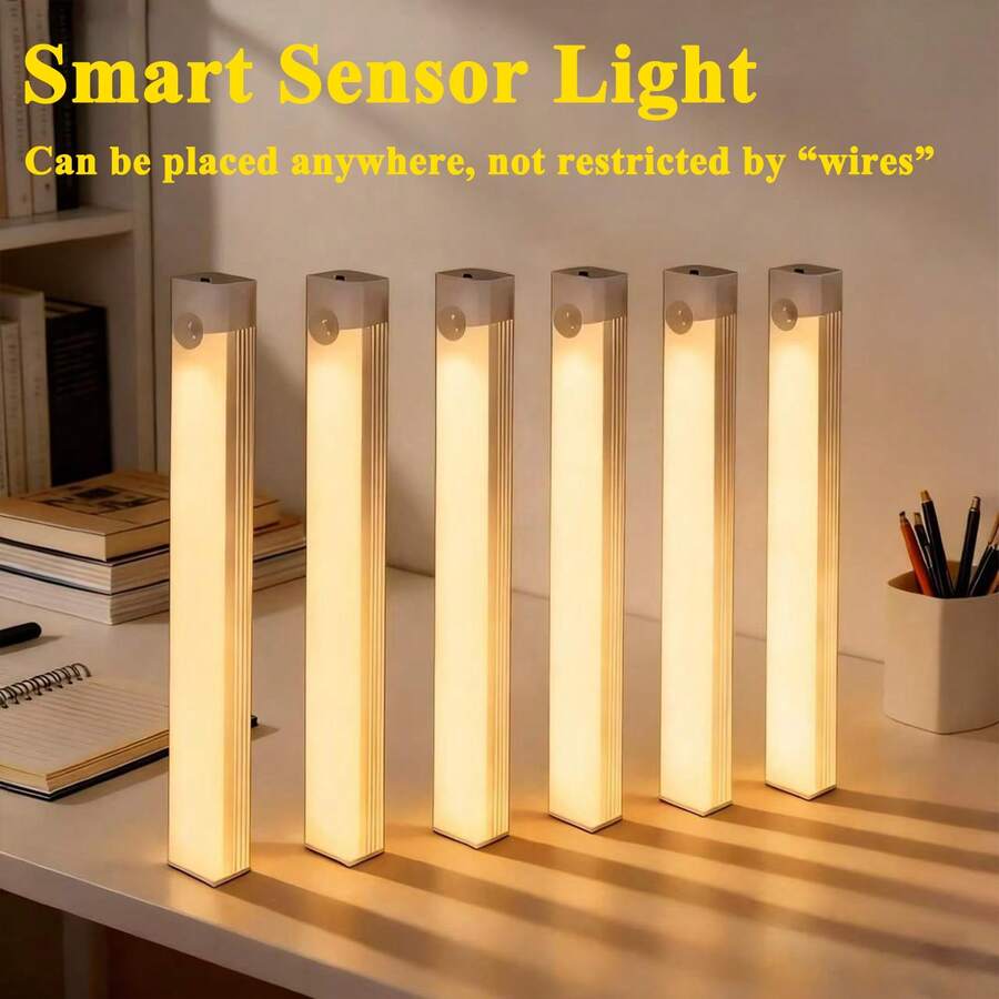 6pcs LED Under Cabinet Lights With Motion Sensor, USB Rechargeable, Warm White Light, Suitable For Kitchen, Stairs, Hallway Sensor Light Strip, Under Cabinet Sensor Light, Cool White/Warm Light Indoor Night Light, Suitable For Kitchen, Stairs, Hallway, Closet And Garage Home Lighting, Motion Activated, USB Cable Included, Kitchen Light - Warm Light - View 1