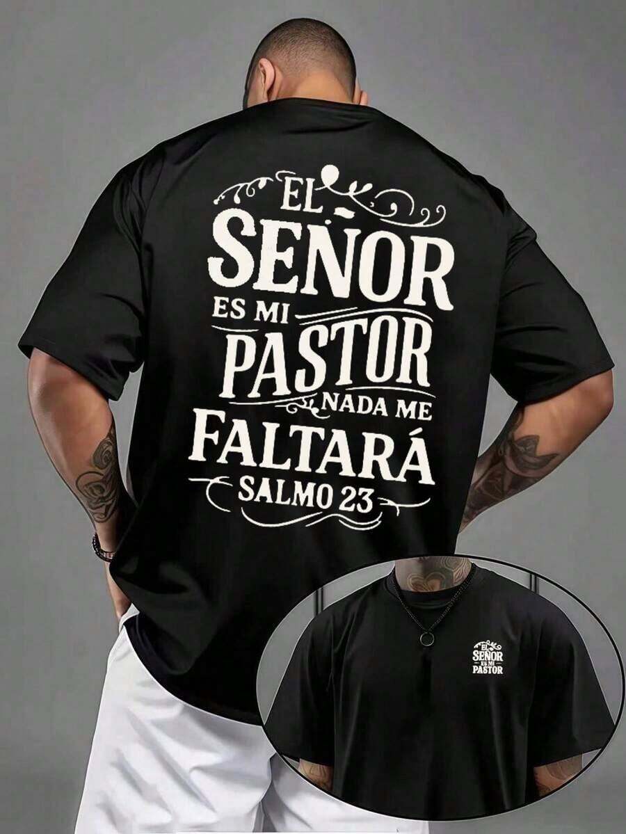 Camiseta con versículo cristiano, transpirable, de tela estampada a doble cara, antiencogimiento, de gran tama?o, urbana, suave y esencial para el día a día. - Negro - Ver 1
