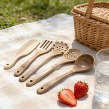 Juego de 6 Utensilios de Cocina de Madera Natural – Espátulas, Cucharas y Coladores para Cocina Saludable y Elegante - Marrón - Ver 4