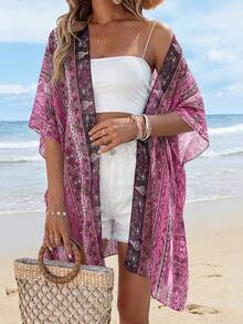 Summer Kimonos For Women Boho Floral Short Sleeve Flowy Cardigans Swimsuit Beach Cover Ups For Women - In hình hoa hồng màu hồng - Xem 2