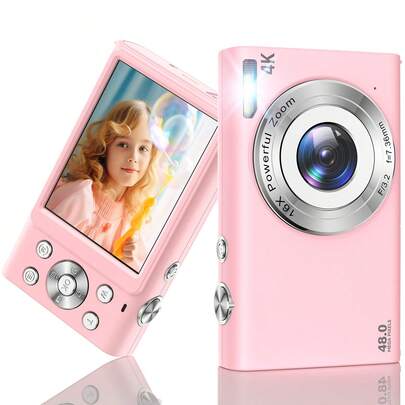 Nicamery 4K 超高清 Vlog 相机，4800 万像素数码相机，自动对焦，16 倍光学变焦，便携式高清视频录制和摄影相机，适合初学者、学生旅行的便携式手持拍摄设备，视频博客相机，多功能轻巧数码相机，高像素，防抖，摄影器材，节日礼物 [不含存储卡]