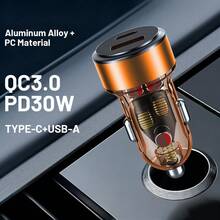 Bộ sạc ô tô hai cổng USB, hỗ trợ sạc nhanh QC3.0 và PD 30W, thiết kế pha lê trong suốt, sạc nhanh 5V cho điện thoại Android/Smartphone. - nhiều màu - Xem 2