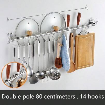 304 스테인리스 스틸 주방 액세서리 걸이 봉 50cm-80cm, 여러 개의 무소음 슬라이딩 후크 포함, 가정용품, 벽걸이형 주방 수납 선반, 주방, 욕실, 침실에 적합, 공간 절약형 후크