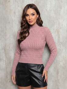 Women's Knit Blouse With Braided Modal Design, Turtleneck Style, Elegant Winter/Office Style, Uzze - Light Pink - View 2