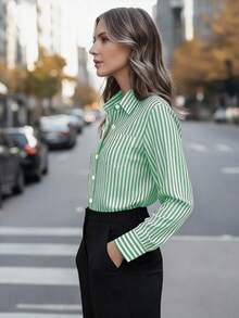 Women's Casual Basic Striped Pointed Collar Long Sleeve Shirt Blouse With Button Pockets, Suitable For Daily Office Wear, Autumn/Winter/Spring - Green CS046-1 - View 2