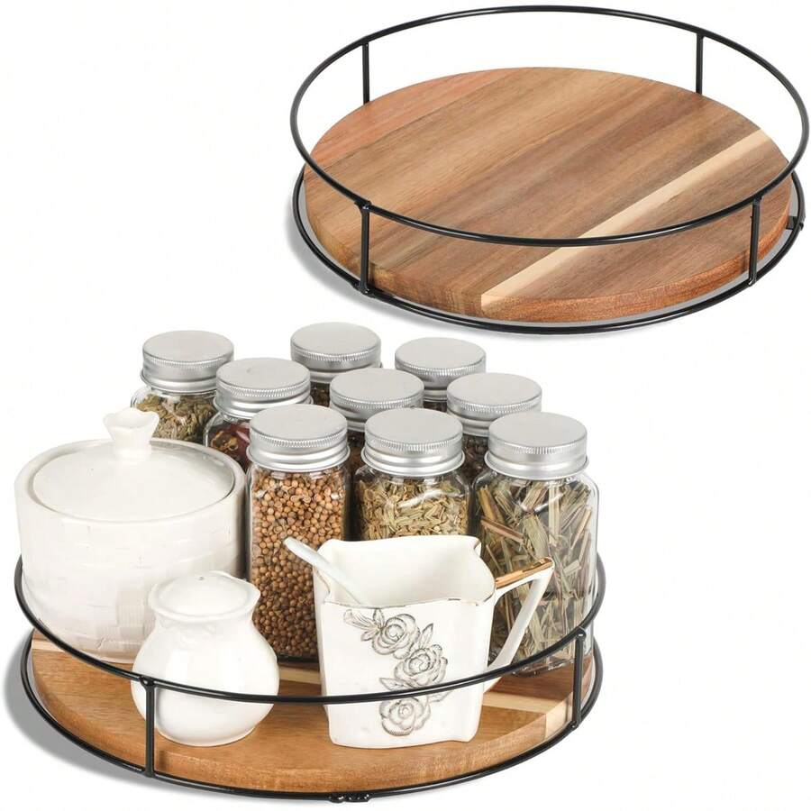 1 pieza Giratoria 360° Circular Perezosa de Bambú, Organizador de Almacenamiento de Cocina de Gran Capacidad y Múltiples Funciones, Soporte para Frascos de Especias y Condimentos, Organizador de Botellas para Gabinete/Encimera, Organizador de Escritorio Resistente y Antideslizante - Ver 1