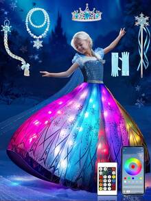 Princess Dress For Girls, Light Up Dress Up Costumes For Festival Cosplay Costume, Birthday Party Dress - 藍色 - 查看 12